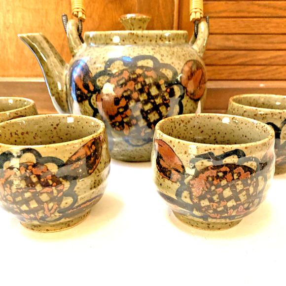 Vintage OMC Japan Tea Set Art Pottery Teapot & 4 Cups Stoneware Floral 70s Decor - Picture 2 of 12